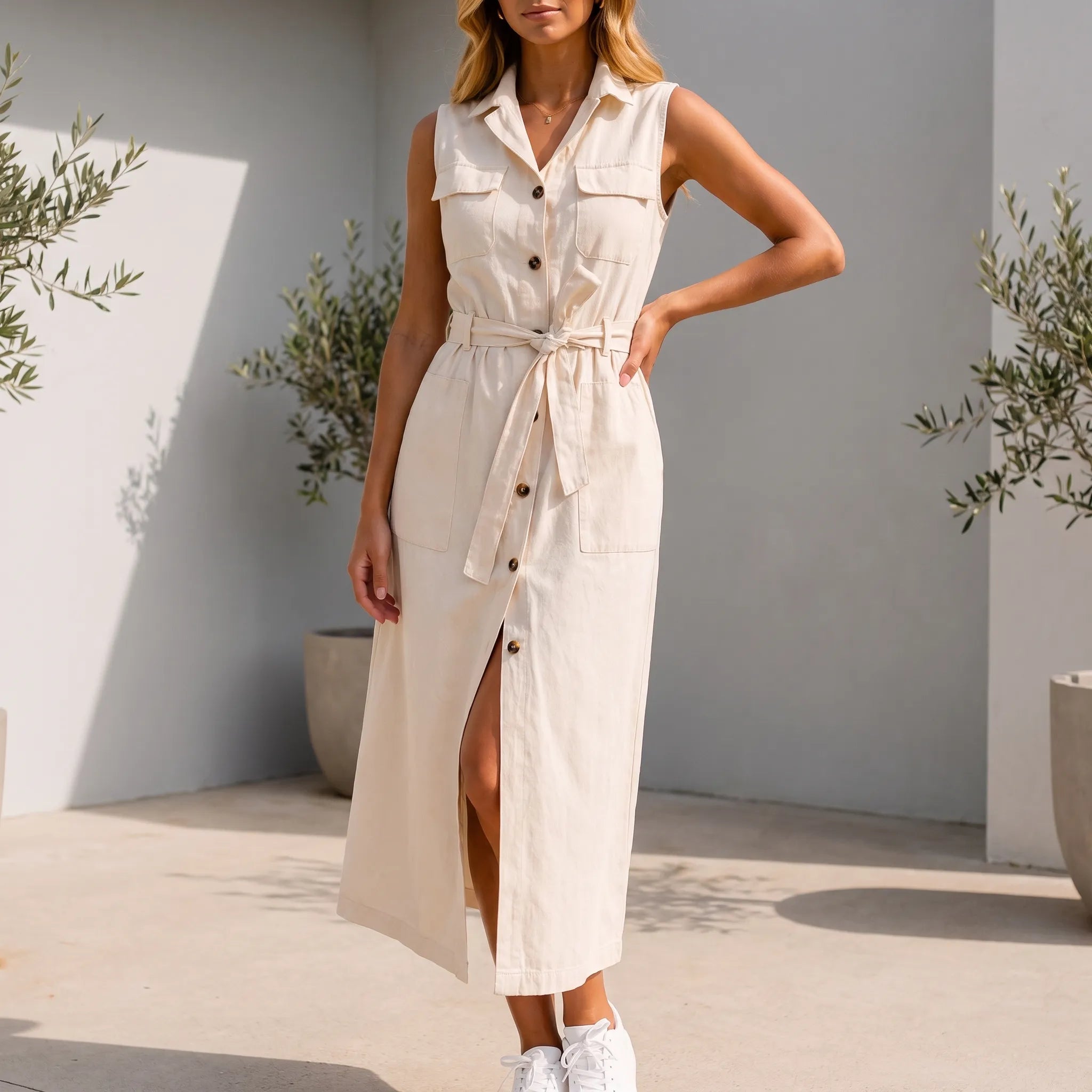 Alvoca - Sleeveless Button-Front Midi Dress