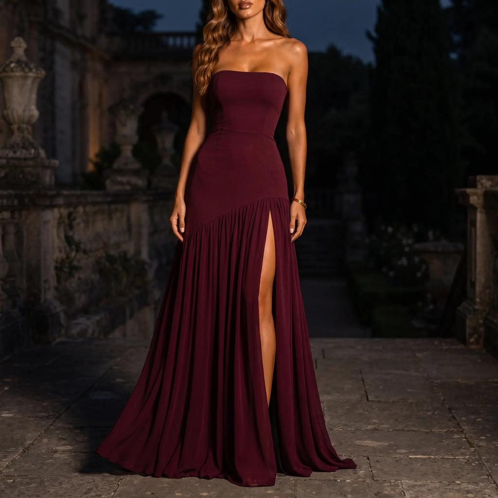 EvoraGown - Strapless Pleated Maxi Dress