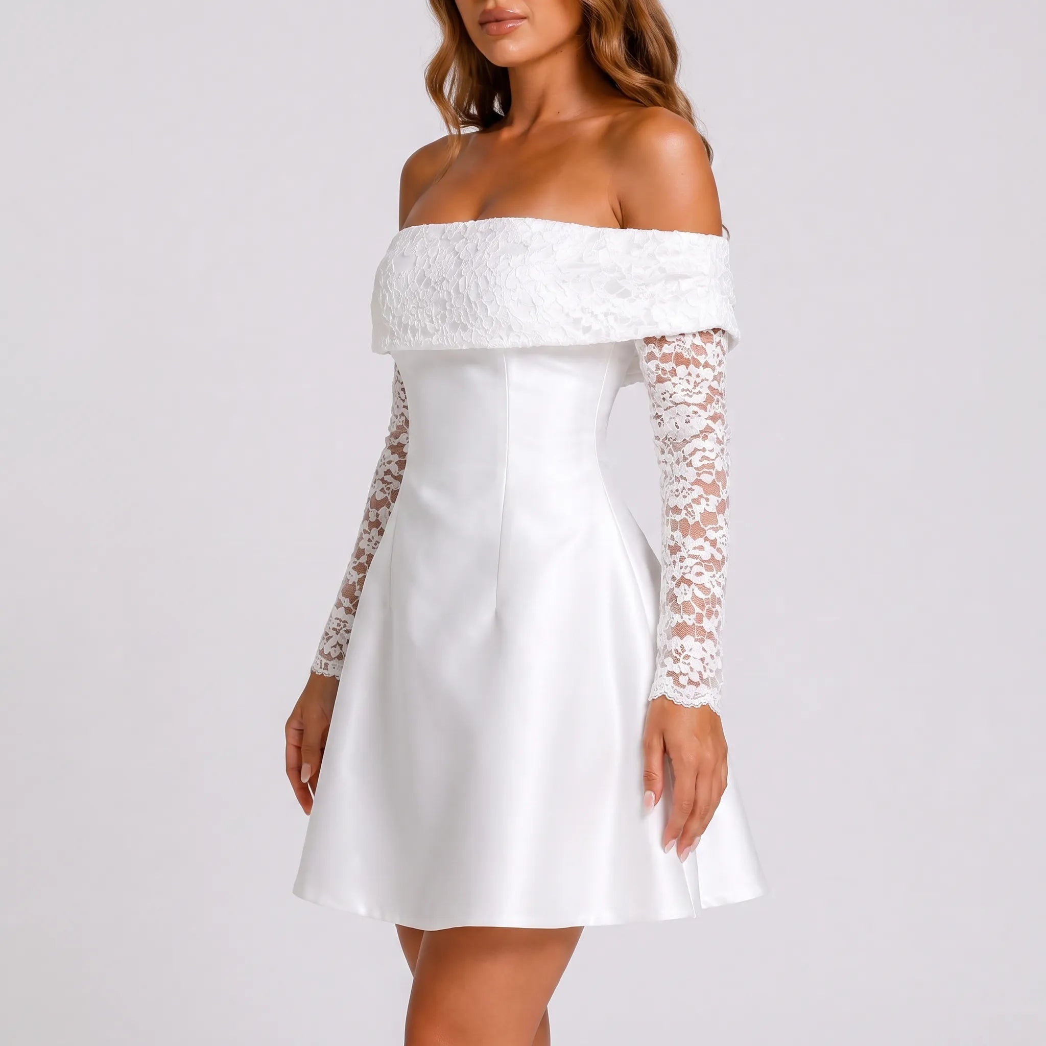 Lumina - Off-Shoulder Lace Sleeve Mini Dress