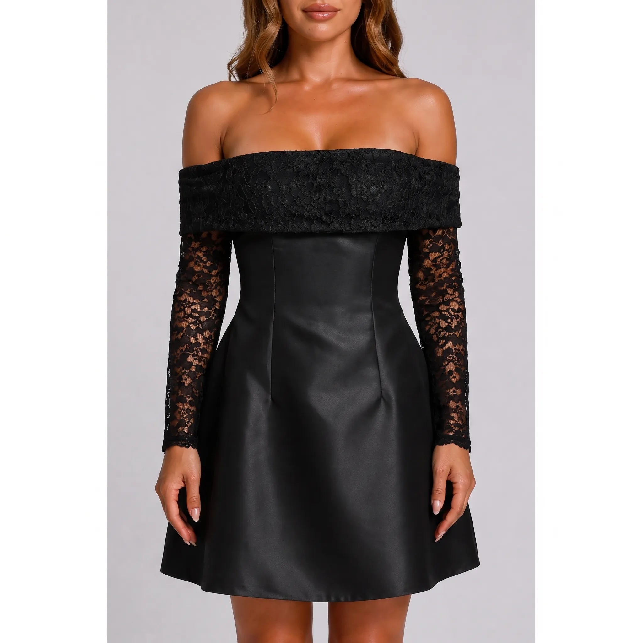 Lumina - Off-Shoulder Lace Sleeve Mini Dress