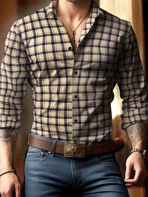 Men's Classic Plaid Button Shirt for Autumn Wear