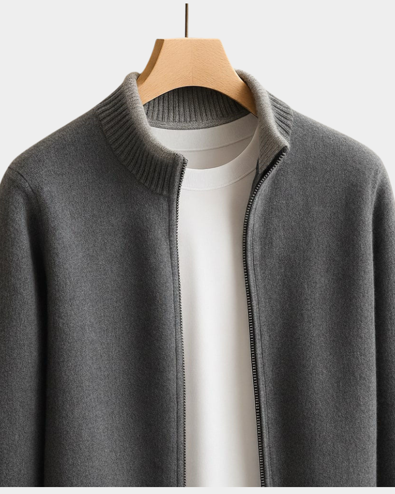 Men's Zip Front Knit Jacket With Ribbed Trim