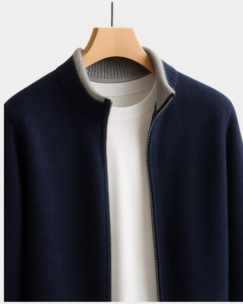 Men's Zip Front Knit Jacket With Ribbed Trim