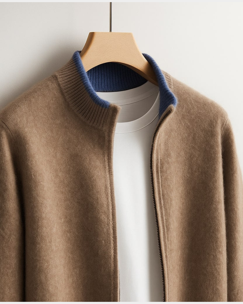 Men's Zip Front Knit Jacket With Ribbed Trim