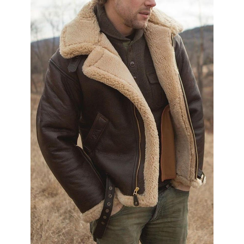 Men's brown aviator jacket with teddy collar