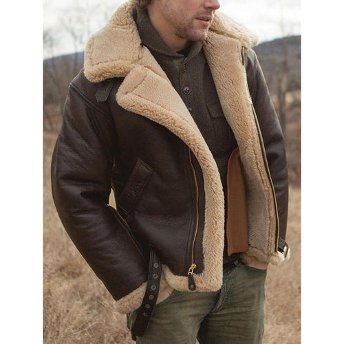 Men's brown aviator jacket with teddy collar