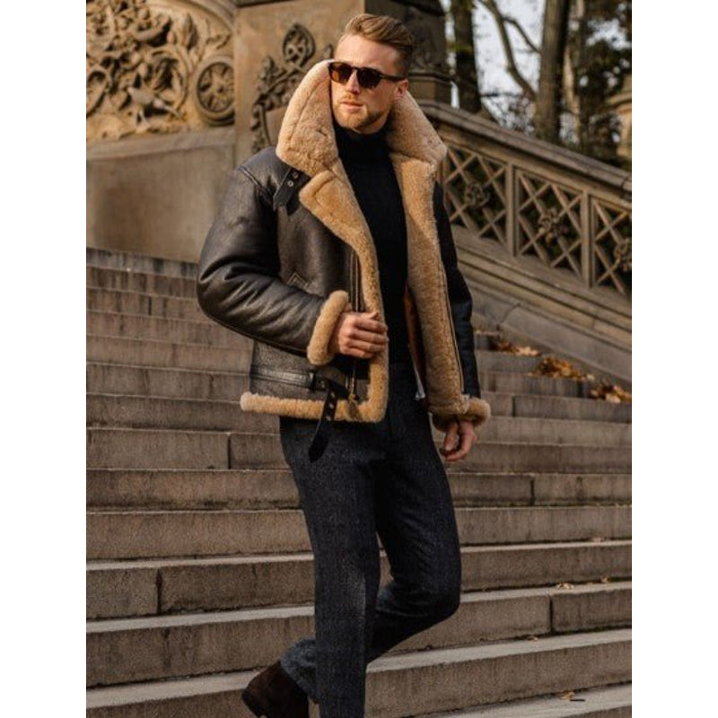 Men's brown aviator jacket with teddy collar – view 2