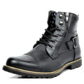 Men's black cap toe lace-up boot with buckle strap