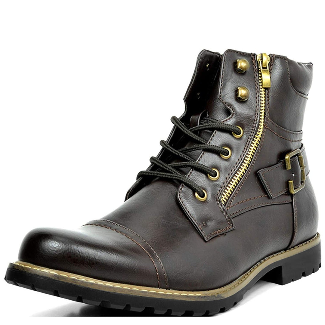 Men's dark brown cap toe boot with buckle
