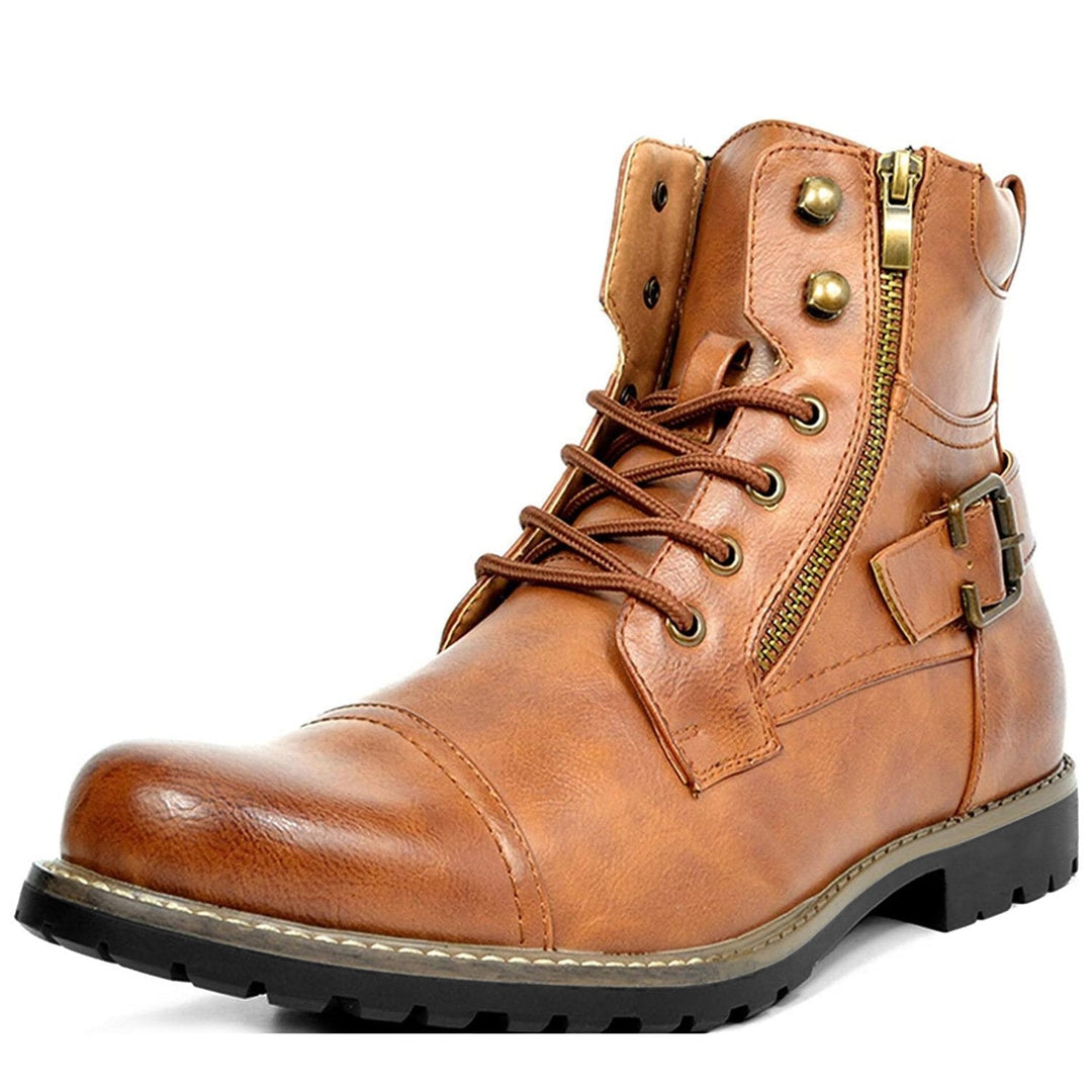 Men's tan cap toe lace-up boot with side zip