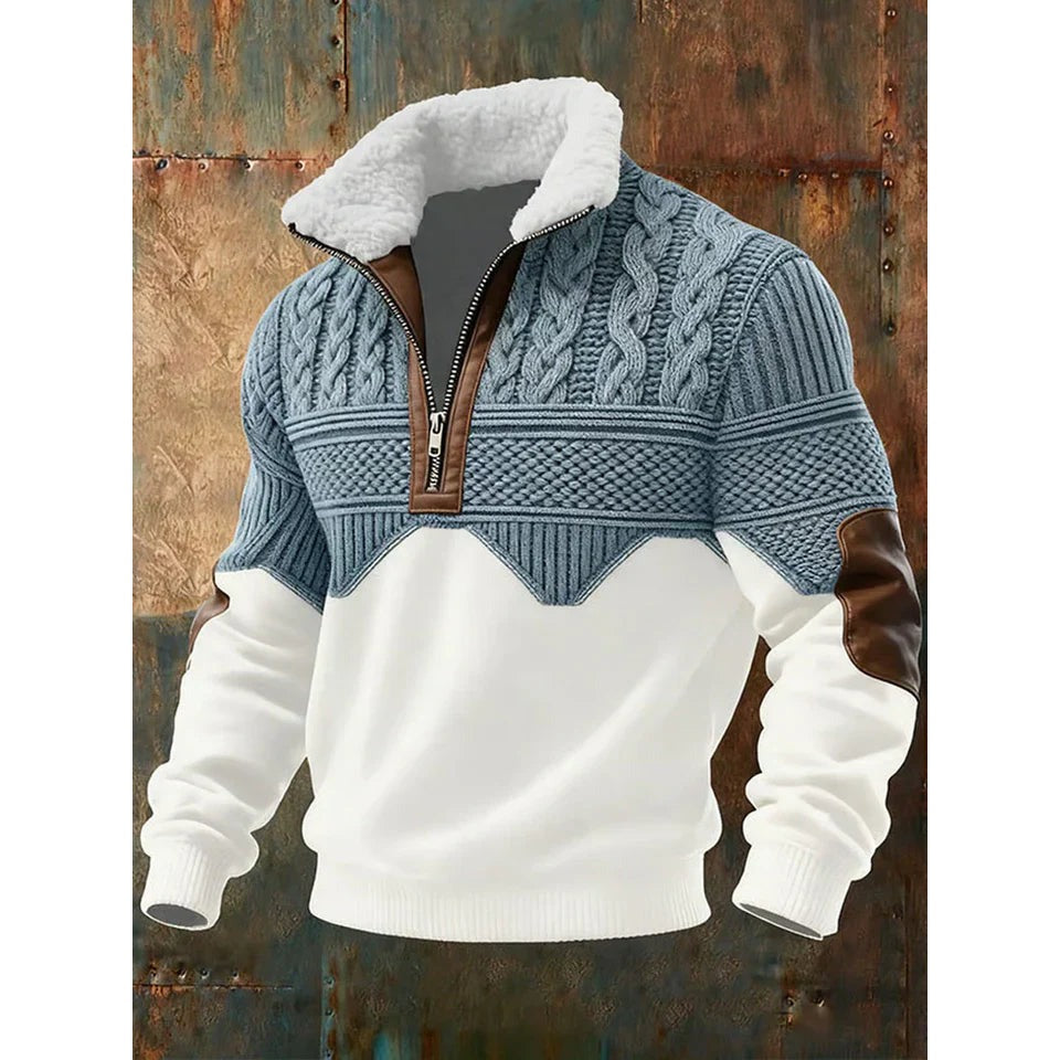 Men's colour block half-zip sweater in blue and white
