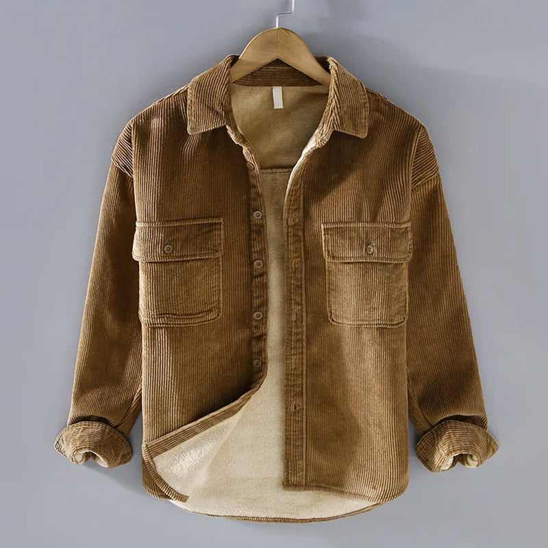 Men's corduroy shirt jacket with plush lining in khaki