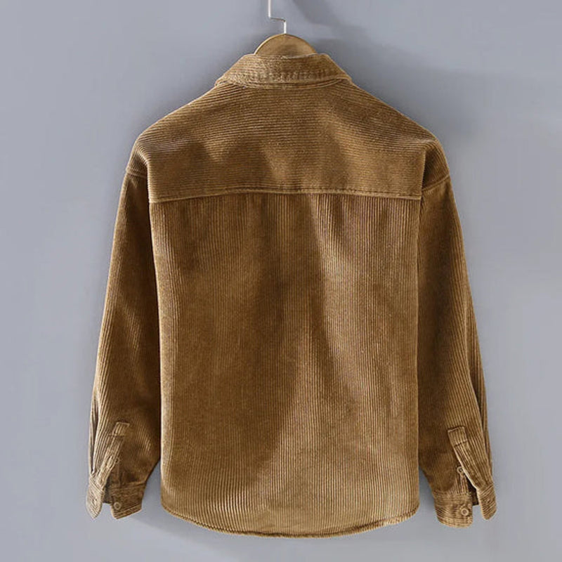 Men's corduroy shirt jacket in khaki – back view