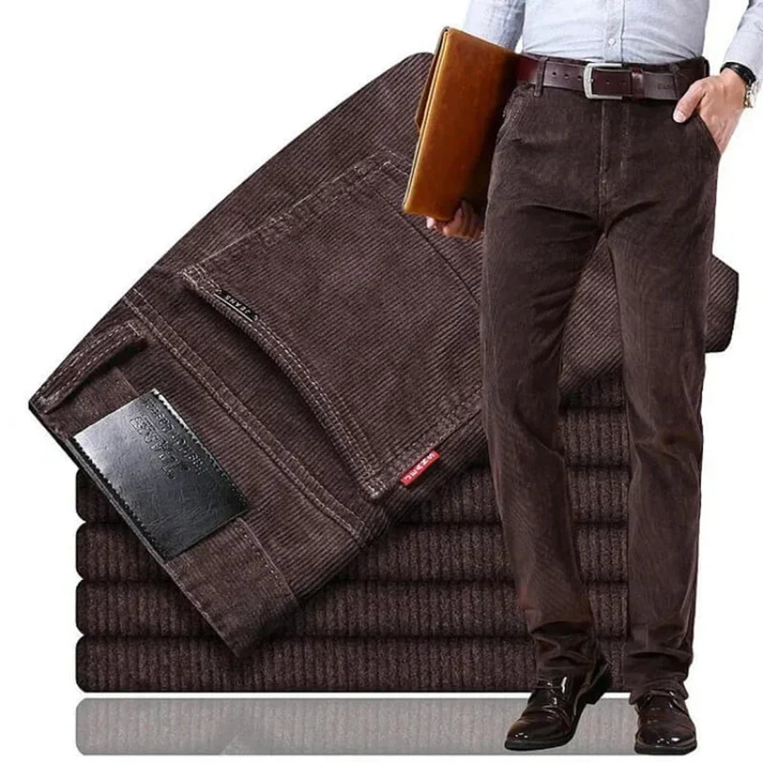 Men's dark brown corduroy trousers with a white shirt