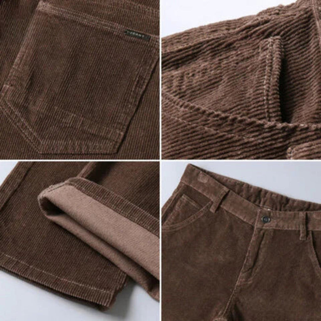 Close-up of the corduroy texture and pockets on the men's trousers