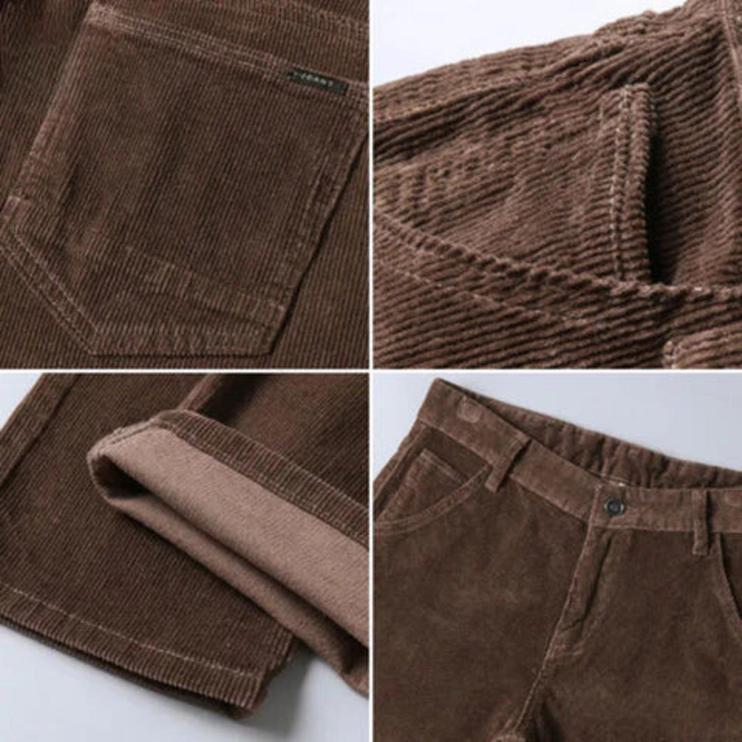 Close-up of the corduroy texture and pockets on the men's trousers