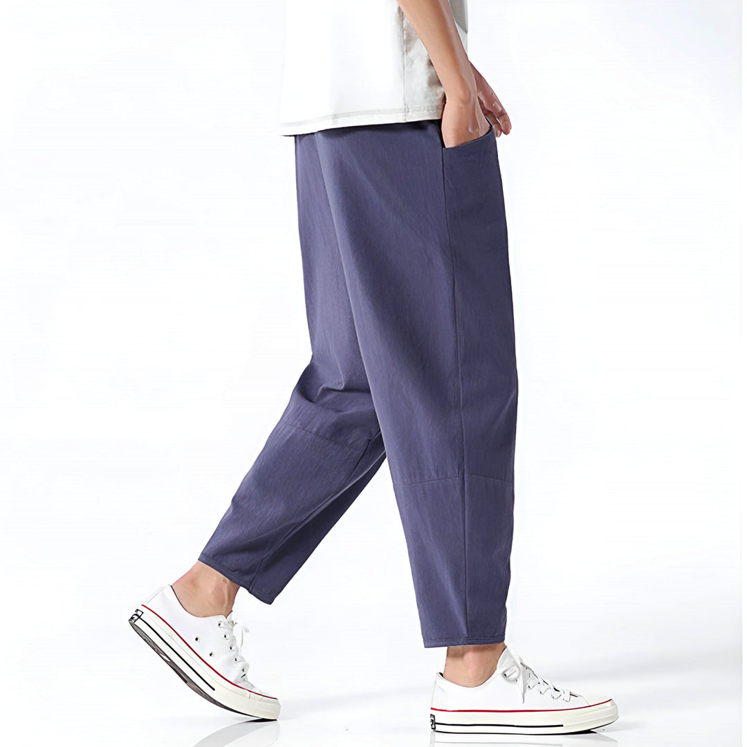 Men's indigo drawstring trousers – side view