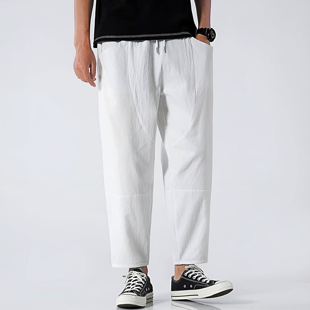 Men's white drawstring trousers – front view