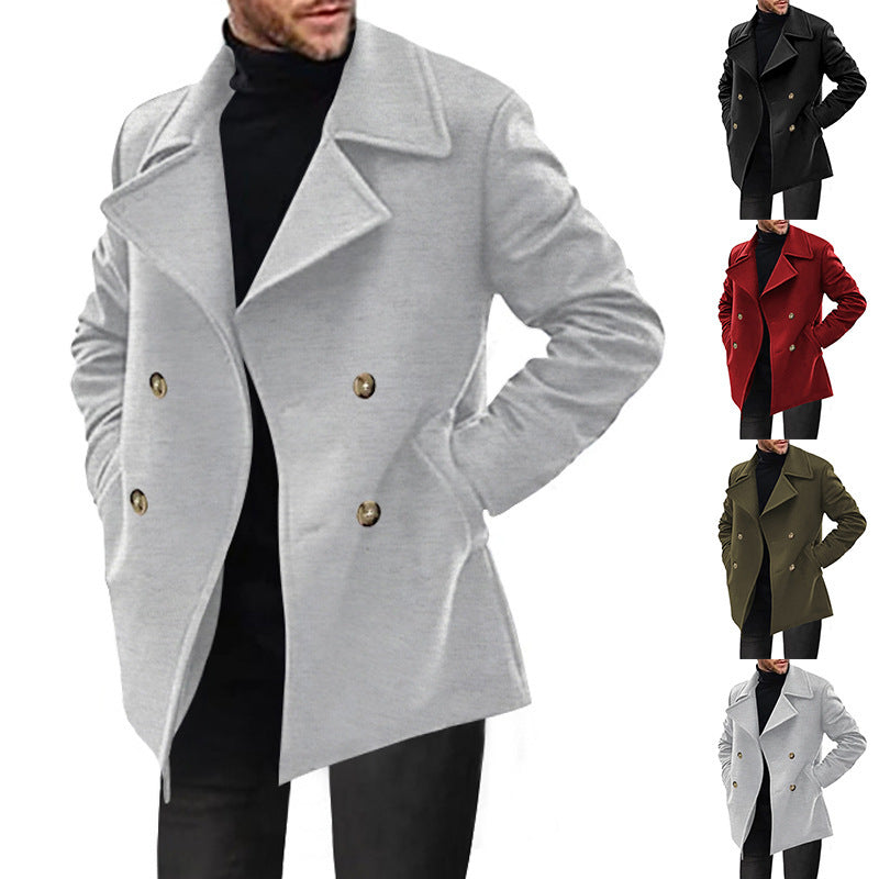 Men's light grey pea coat with colour overview