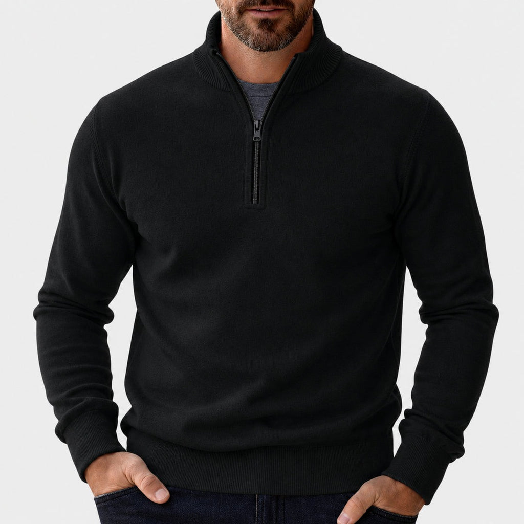 Men's half-zip pullover with stand collar in black