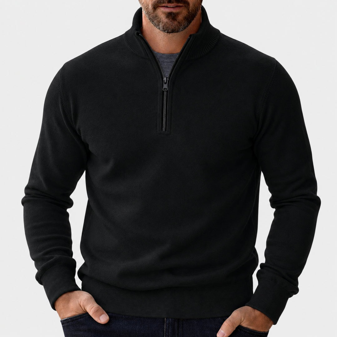 Men's half-zip pullover with stand collar in black