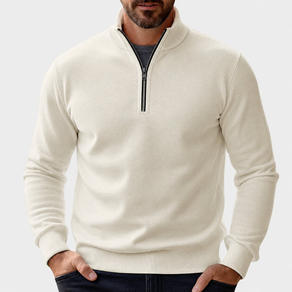 Men's half-zip pullover with stand collar in cream