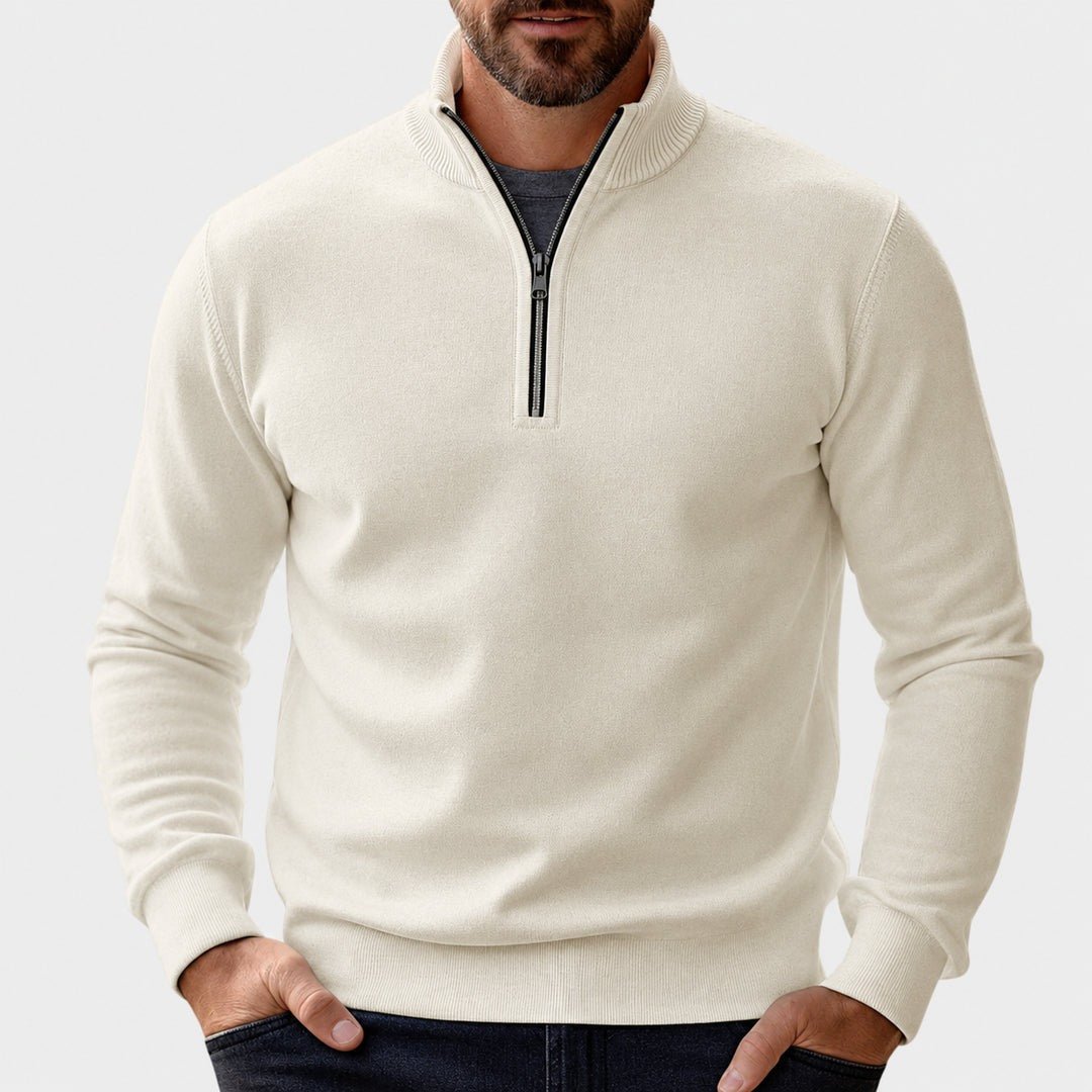 Men's half-zip pullover with stand collar in cream