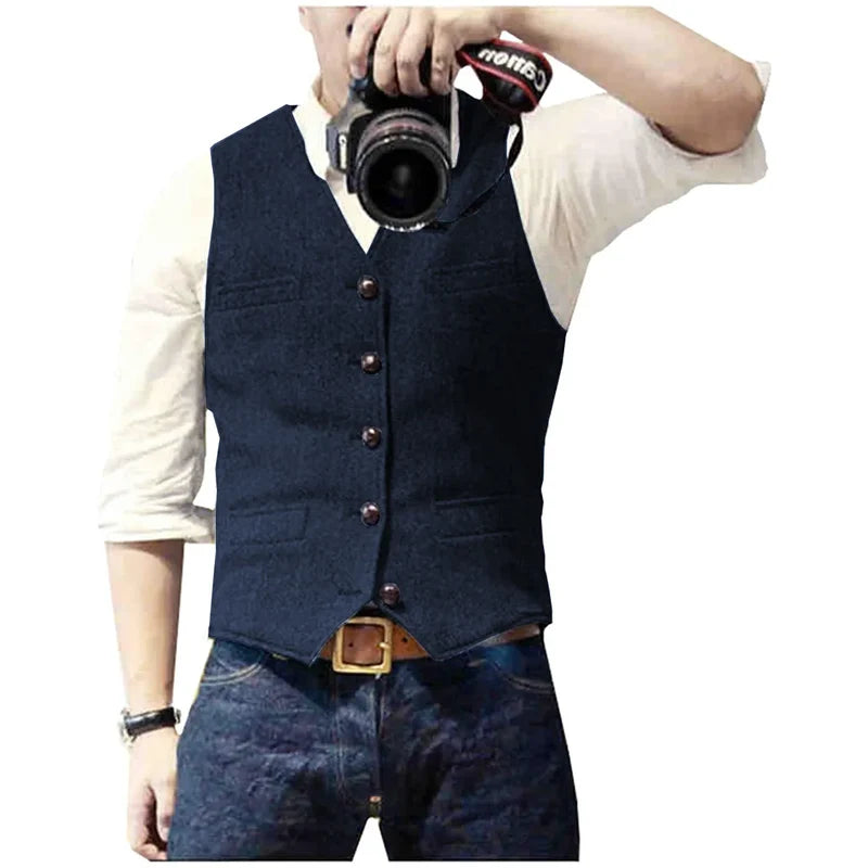 Men's Herringbone Waistcoat with Button Front for Weddings and Events