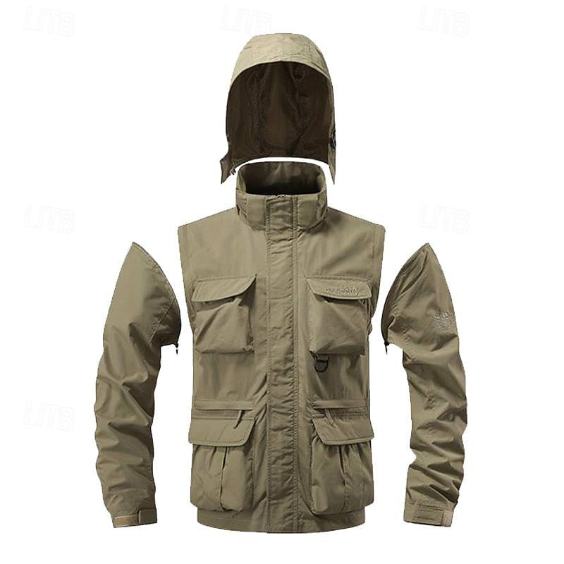 Men's khaki explorer jacket with hood up