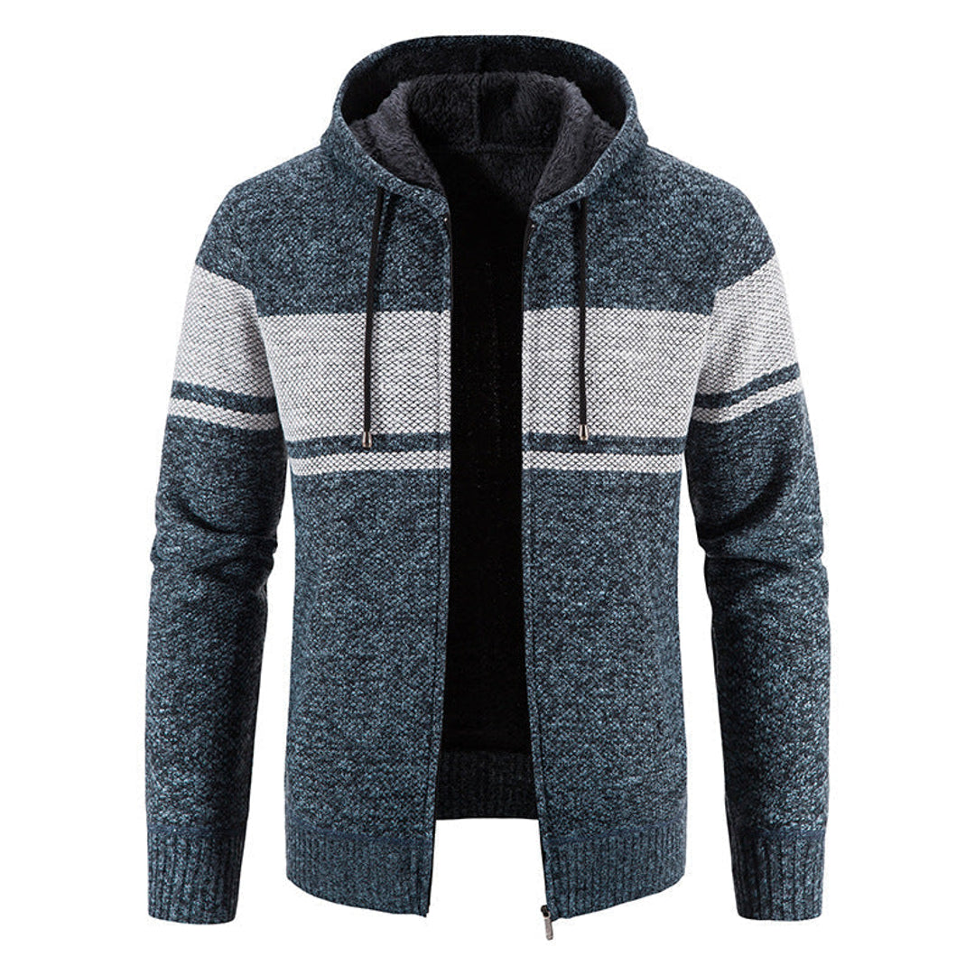 Men's blue grey hooded knit jacket with striped chest panel
