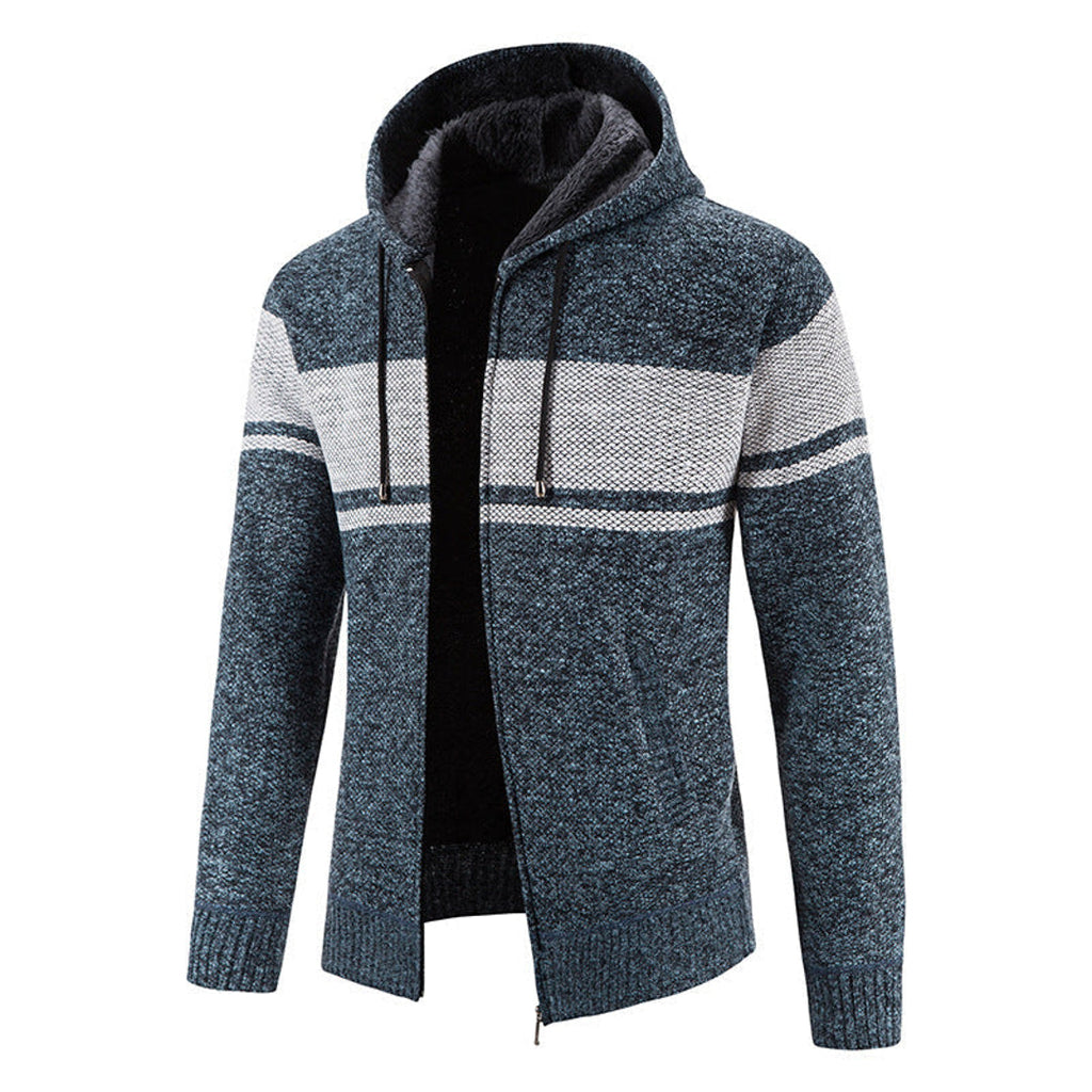 Men's blue grey zip-up hooded knit jacket – front view