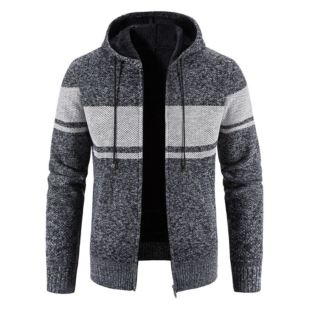 Men's dark grey hooded knit jacket with striped panel