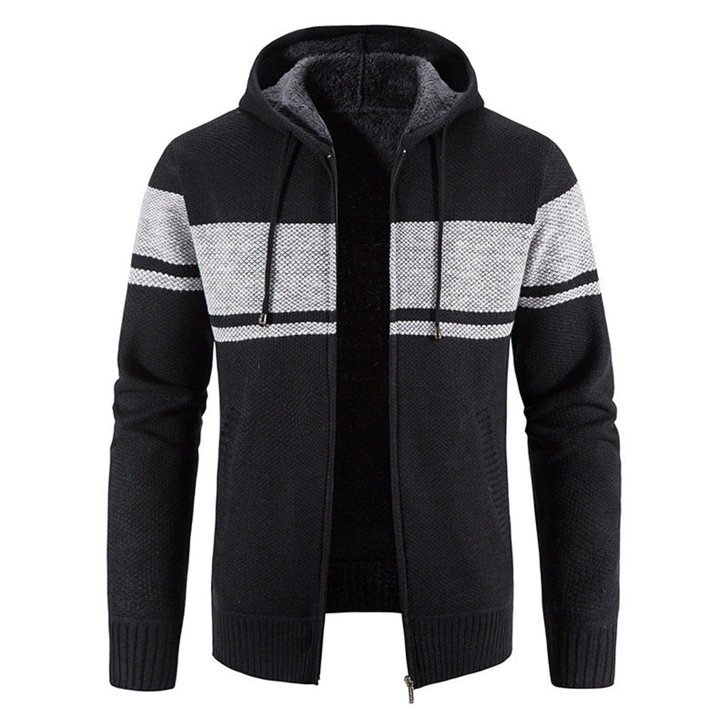 Men's black hooded knit jacket with light grey stripes