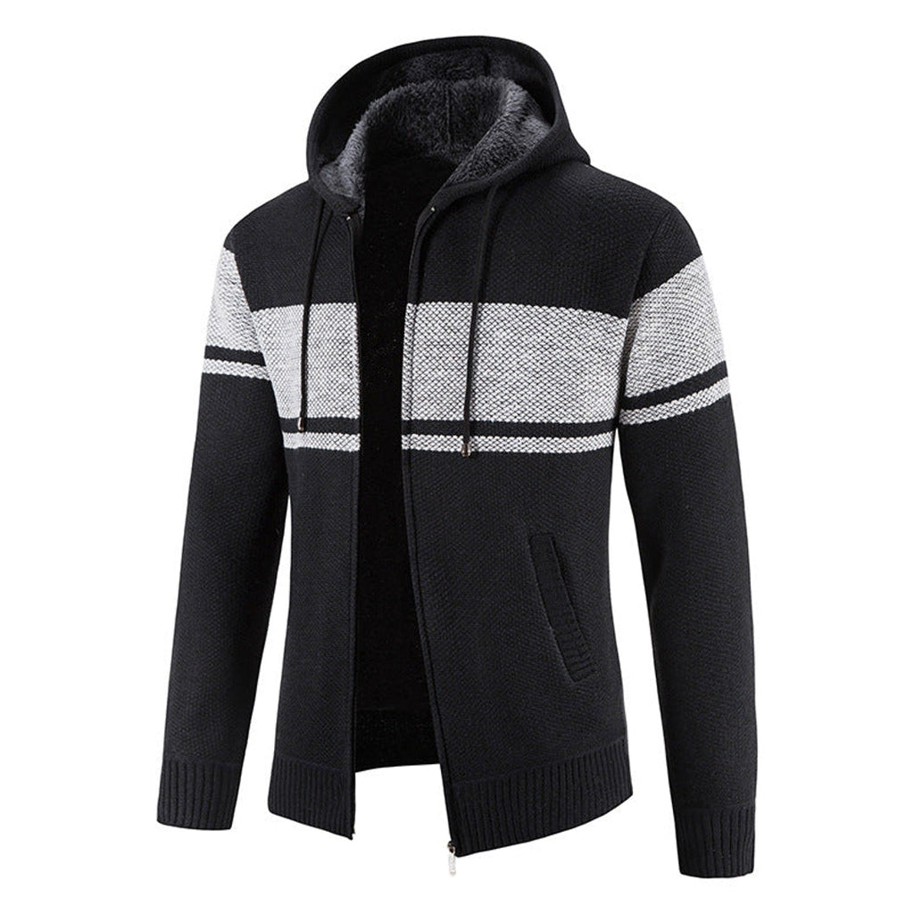 Men's black zip-up hooded knit jacket – front view