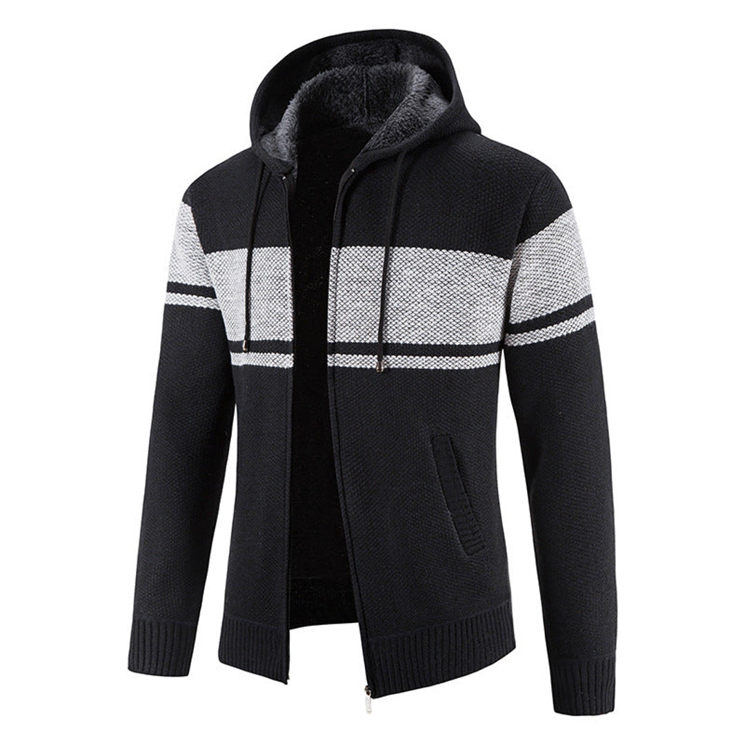Men's black zip-up hooded knit jacket – front view