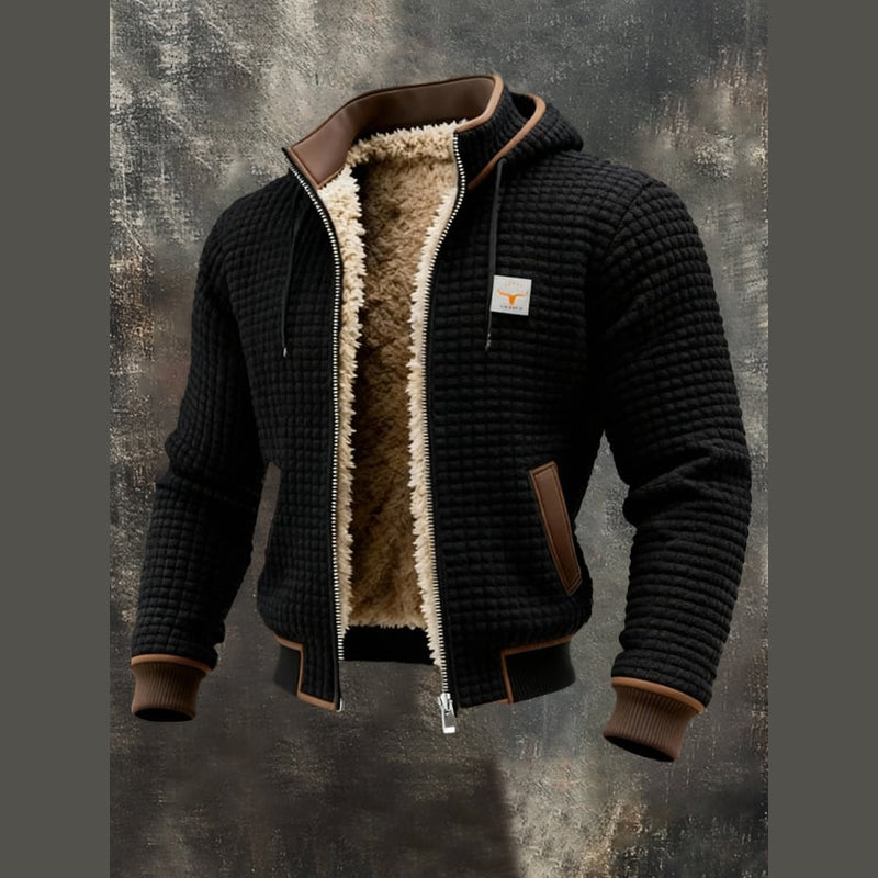 Men's hooded knit jacket with teddy lining in black