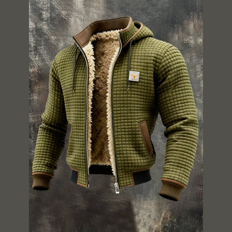 Men's hooded knit jacket with teddy lining in olive green