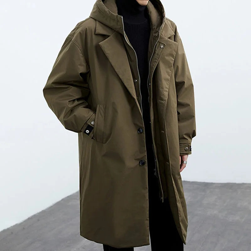 Men's hooded long parka in army green
