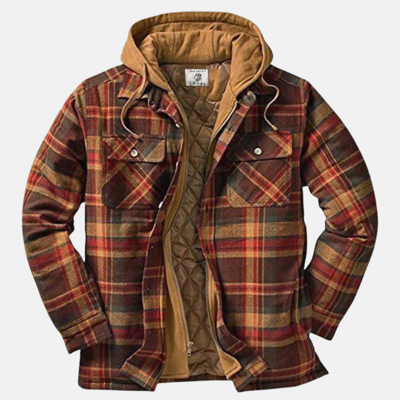 Men's Hooded Plaid Shirt Jacket with Quilted Lining for Autumn Winter