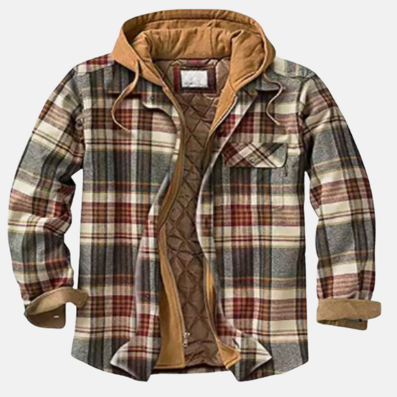 Men's hooded plaid shirt jacket in khaki