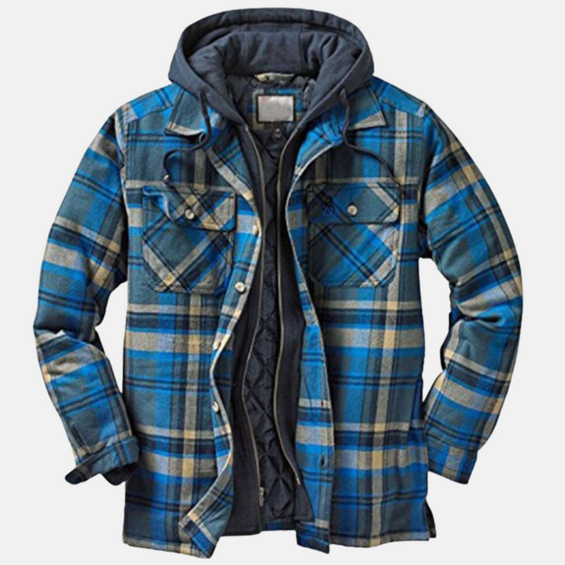 Men's hooded plaid shirt jacket in blue