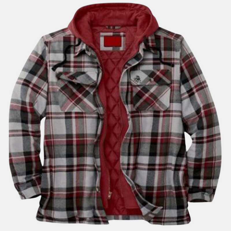 Men's hooded plaid shirt jacket in red