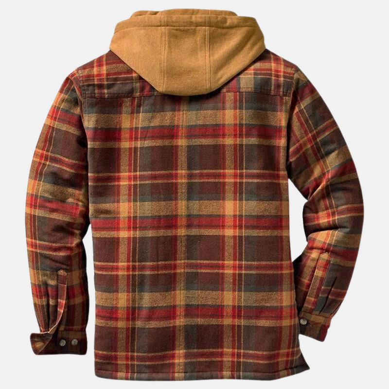 Men's hooded plaid shirt jacket in brown – back view