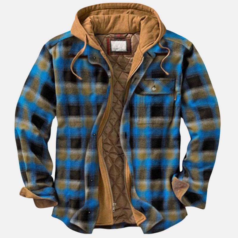 Men's hooded plaid shirt jacket in blue khaki
