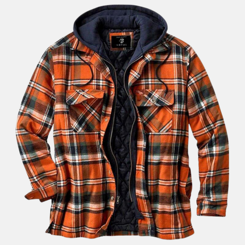 Men's hooded plaid shirt jacket in orange