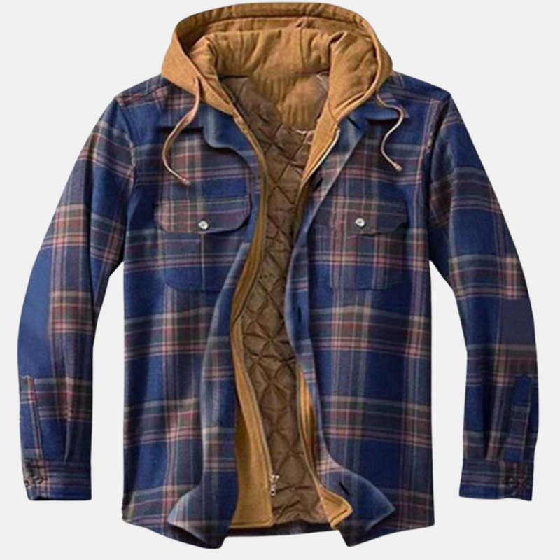 Men's hooded plaid shirt jacket in navy blue