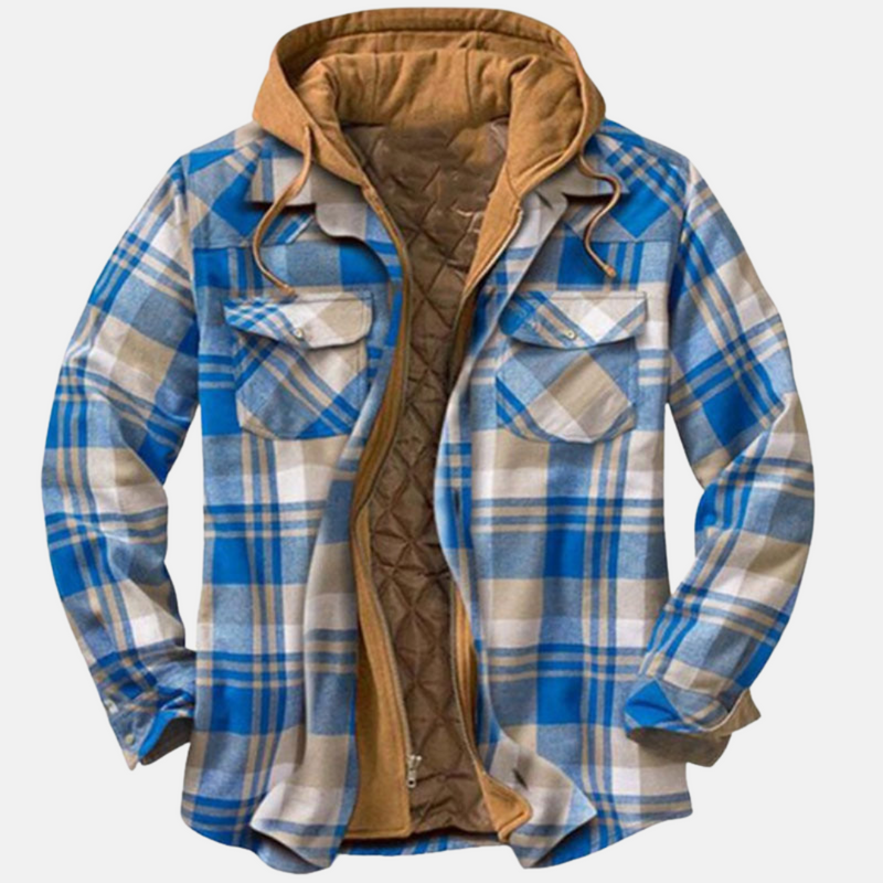 Men's hooded plaid shirt jacket in light blue