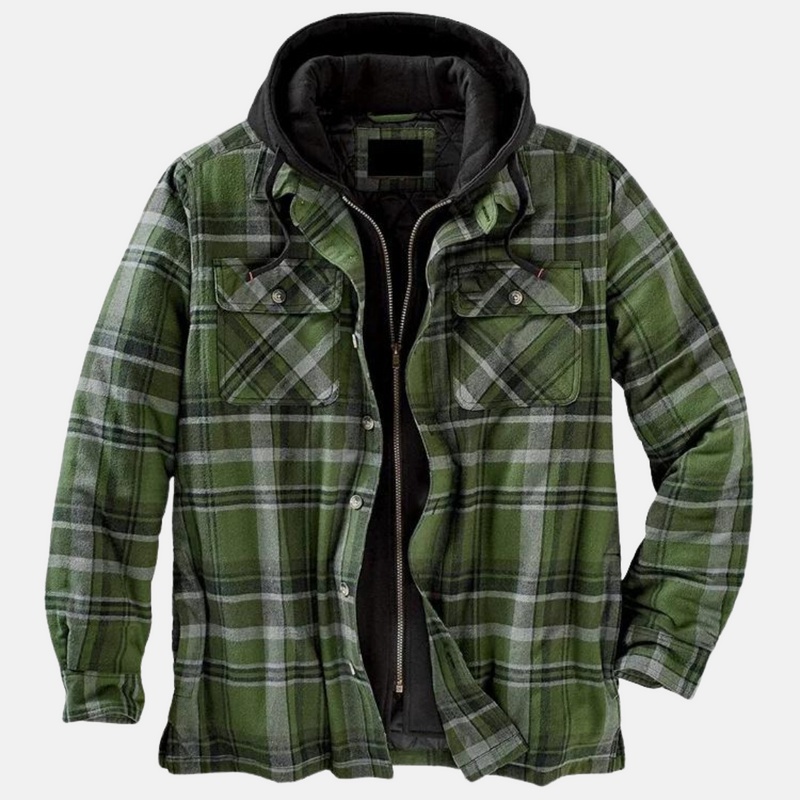 Men's hooded plaid shirt jacket in dark green