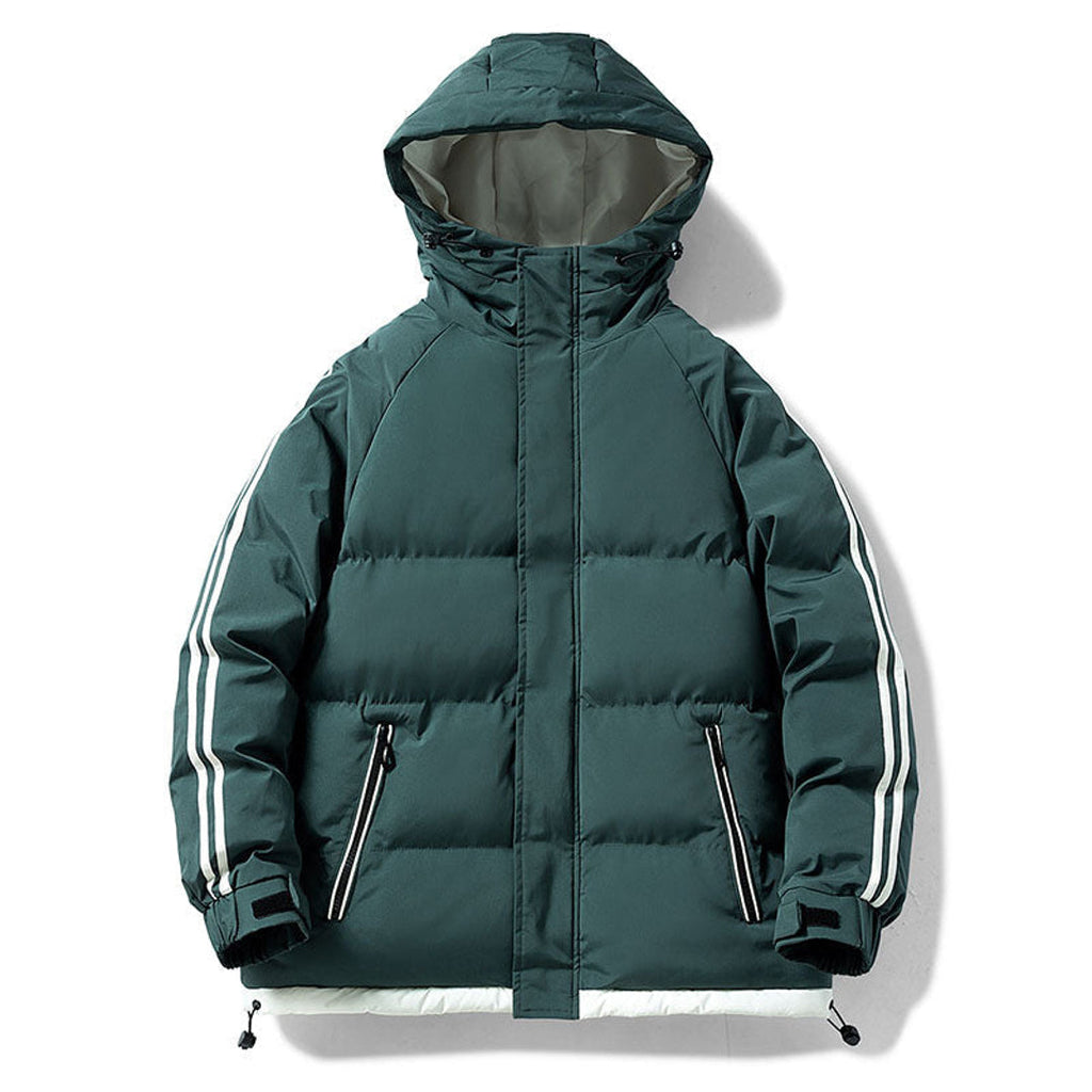 Men's dark green hooded puffer jacket with sleeve stripes