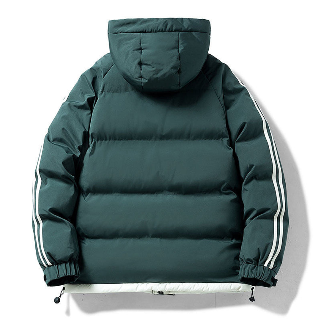 Men's dark green puffer jacket – back view